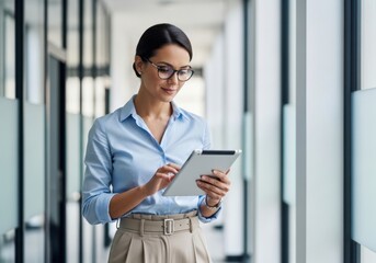 Fototapeta premium Professional woman using tablet in modern office hallway
