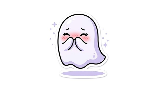Shy Ghost Illustration: A cute, shy ghost with rosy cheeks and clasped hands expresses bashfulness in this charming illustration. Surrounded by subtle sparkles, it floats gently.