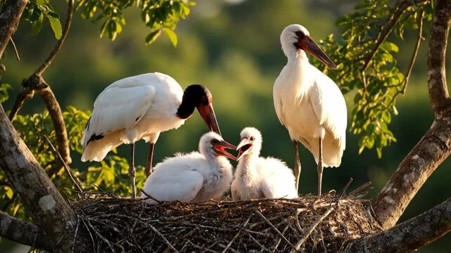 Scenic wetland landscape with beautiful Jabiru stork family in its nest, sunny nature background