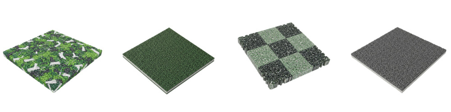 Four square samples of industrial rubber and foam floor covering tiles