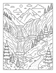 Fototapeta premium Waterfall coloring page featuring cascading mountain falls and winding forest trail coloring page