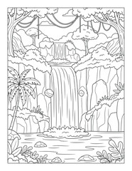 Waterfall coloring page with layered jungle cascades tropical cliffs and serene nature coloring page © Crafter