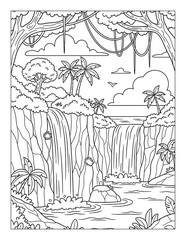 Obraz premium Waterfall coloring page with tropical jungle cliffs and cascading forest waterfalls coloring page