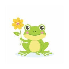 Fototapeta premium Cute cartoon frog with flower and leaf
