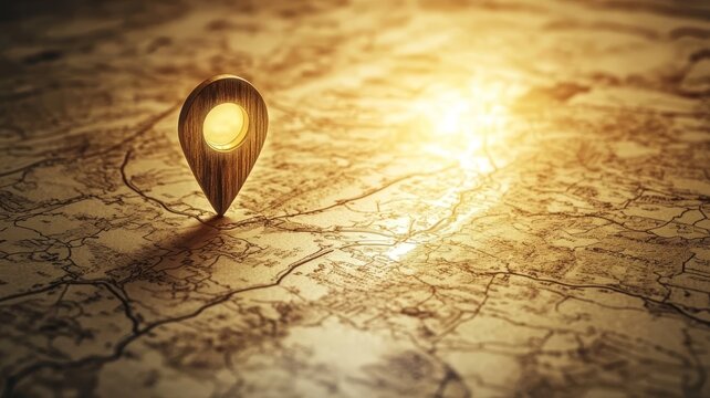 Wooden map location pin marking destination on vintage geographic navigation chart background