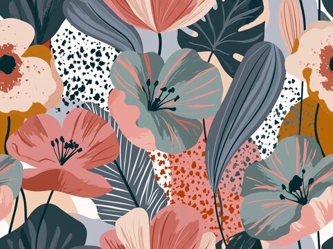  Abstract botanical Floral brush strokes seamless pattern design for fashion textiles, graphics, backgrounds and crafts linen texture  leaves silhouettes Chic rustic interior stylish pattern all over 