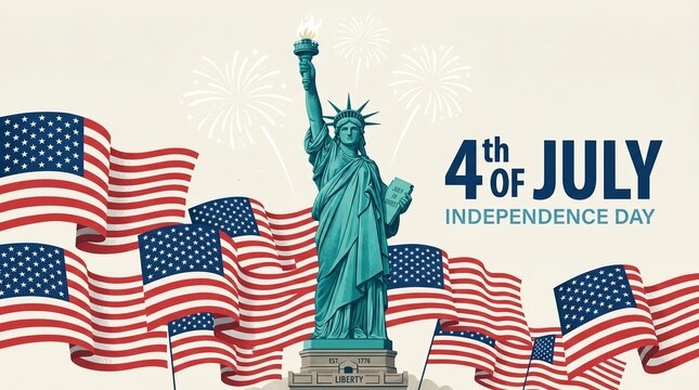 4th of july independence day statue of liberty with fireworks and american flag illustration