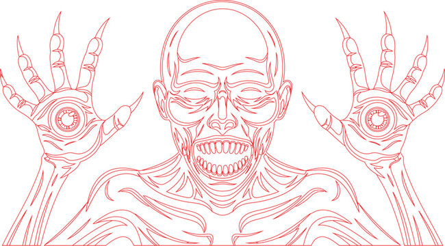 Scary monster or undead creature with eyes on its clawed hands and exposed teeth