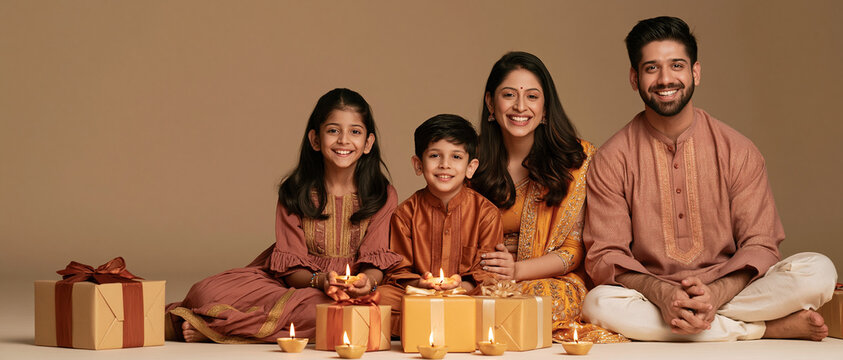 A joyous family celebrating a festival, surrounded by gift boxes and lit diyas. The family includes two children and two adults, all smiling warmly