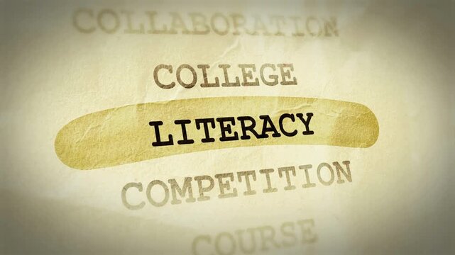 Vintage literacy concept with highlighted text on aged paper. College education and academic competition words. Retro typewriter font on parchment background.