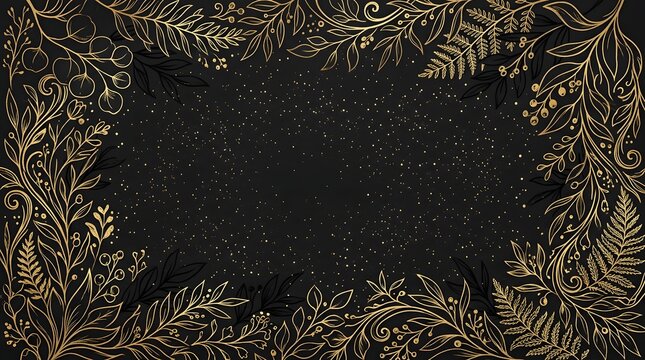 Elegant gold floral frame on black background with glitter particles