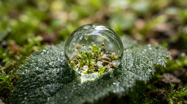 Macro view of a single water droplet on a green leaf magnifying tiny plants in a forest ecosystem