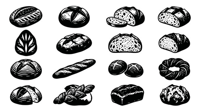 Food Industry Black and White Line Art Collection of Various Bread Loaves, Rolls, and Bakery Items