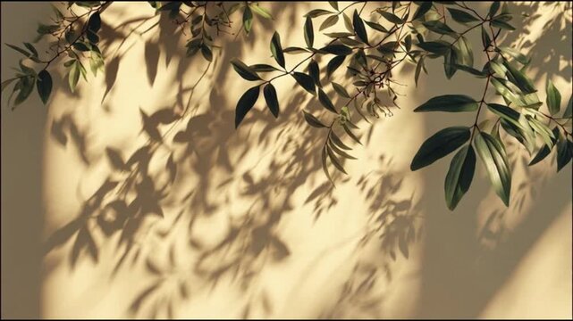 Aesthetic leaf shadows on a beige textured wall background under soft sunlight, creating a calm and minimalist nature-inspired atmosphere