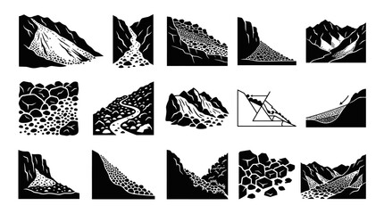 Fototapeta premium Geology Landslides and Rockfalls Black and White Glyph Vector Art Collection of Natural Disaster and Erosion Icons
