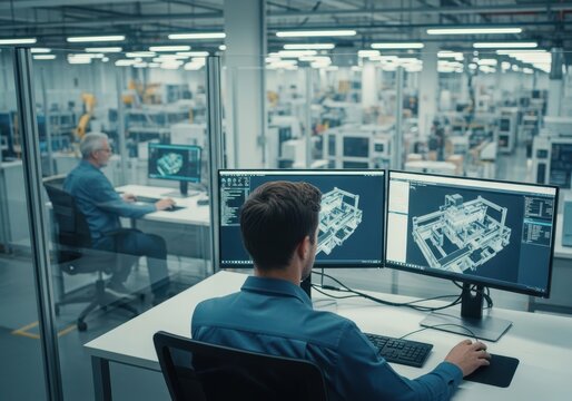 Engineers working on cad software in a modern manufacturing plant