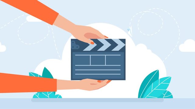 Woman assistant. Young clapperboard girl fires take for movie camera. Woman hands holding movie clapper board. Movie assistance concept. Video recording, film or series production. 2d flat animation