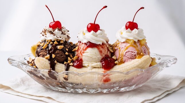 Decadent banana split sundae with three scoops of ice cream and toppings in glass dish chocolate strawberry delicious culinary refreshing traditional indulgence