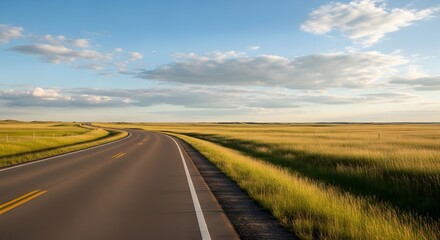 Fototapeta premium Curved empty highway through golden prairie under blue sky with fluffy white clouds.