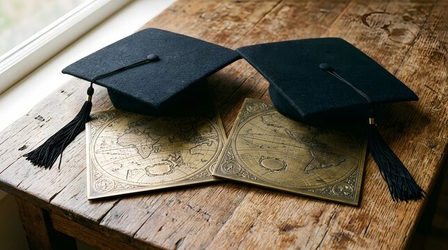 Graduation caps placed on top of antique brass world map plates on a rustic wooden table