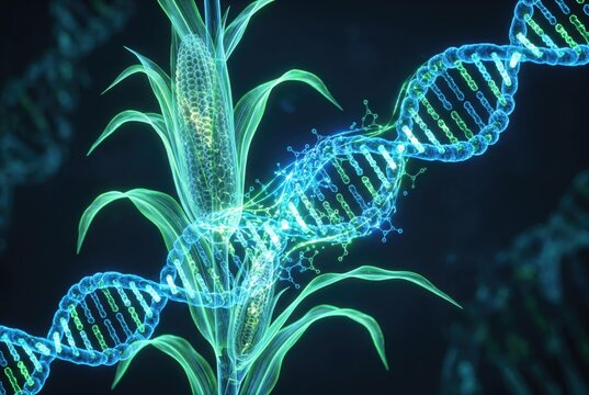 Close up 3d visualization of a glowing DNA strand wrapping around a green corn stalk