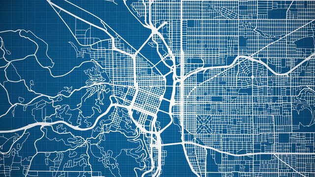 Ink reveal animation of Portland city, Oregon (OR), United States of America, grid map. Aerial top view. Blueprint style. White lines with blue background. 4K Seamless loop.