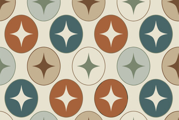 Fototapeta premium Retro mid-century modern seamless pattern featuring abstract circle and star shapes in a muted color palette of teal brown and orange.