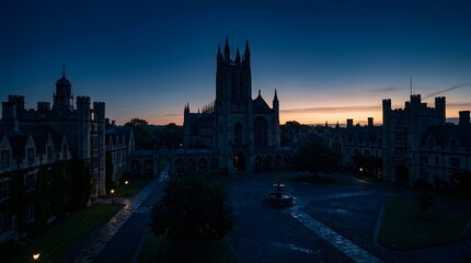 Obraz premium Gothic university campus architecture at twilight