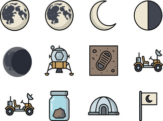 Moon Exploration Vector Icon Set Featuring Lunar Phases Space Lander Footprint Rover Sample Jar Dome Habitat and Flag Isolated on White © monoara
