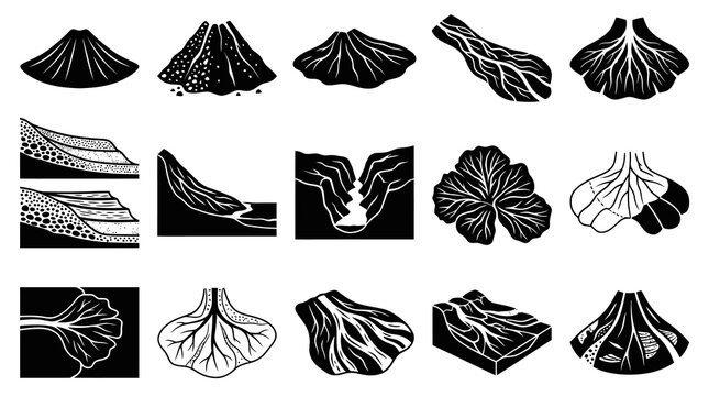 Black  White Line Art Icons of Volcanic Landforms and Geological Processes