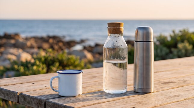 Reusable glass water bottle and metal thermos on wooden table by ocean with eco friendly plastic free reusable environment sustainability relaxation landscape