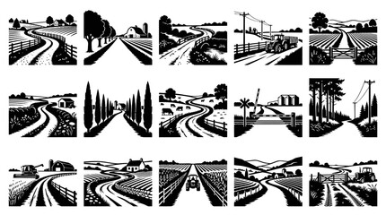 Obraz premium Agriculture Farm Rural Roads Landscapes Black White Woodcut Line Art Illustrations Set