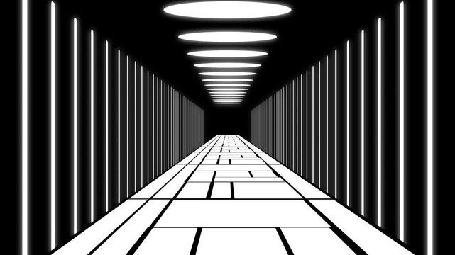 Abstract tunnel perspective with glowing vertical lines and circular ceiling lights creating. Futuristic glowing tunnel with circular lines. Digital corridor shows endless path.