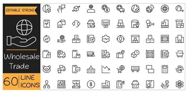 Wholesale Trade icons set. Includes icons for bulk sales, distribution, inventory, supply chain, commerce, and logistics. Editable stroke. Line icons. Perfect for apps and infographics.
