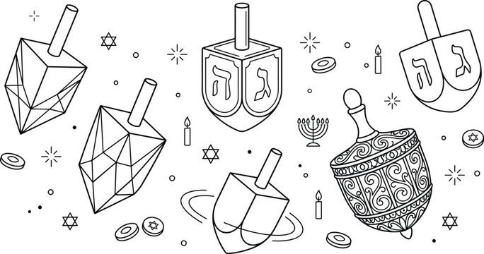 Hanukkah dreidel icon set vector outline collection of traditional jewish holiday menorah gelt star David celebration elements.