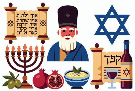 Group of traditional jewish religious and cultural elements including a rabbi torah scrolls menorah star of david and ritual foods.
