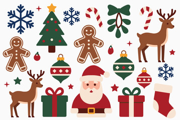 Fototapeta premium Diverse collection of Christmas icons including Santa Claus, reindeer, ornaments, gifts, and gingerbread men in flat style.