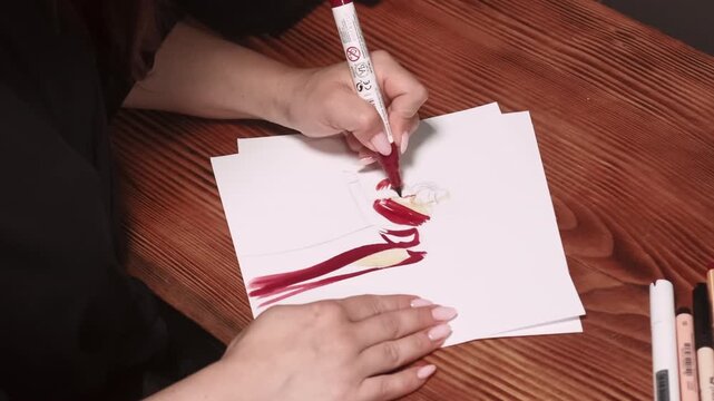 Fashion draft. Apparel sketch. Dressmaker creating modern female outfit. Woman hand drawing bright red dress illustration on wooden desk.