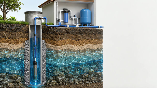 Cutaway Diagram of Residential Water Well Installation System, Groundwater Supply Infrastructure Illustration