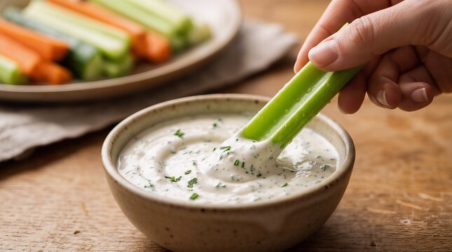 Hand dipping fresh green celery stick into creamy ranch dip garnished with herbs, bowl of dressing, healthy snack with fresh cut vegetables.