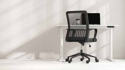 Fototapeta premium Modern, minimal white height adjustable or standing desk with computer laptop and black office chair in sunlight from window for luxury interior design decoration, product background 3D