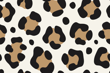 Fototapeta premium Seamless animal print pattern featuring stylized leopard or cheetah spots in black and tan on a creamy white background.