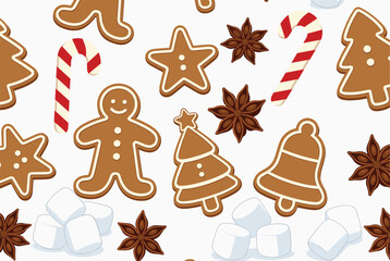 Fototapeta premium Festive seamless pattern with Christmas cookies including gingerbread men, stars, trees, bells, and candy canes with marshmallows.