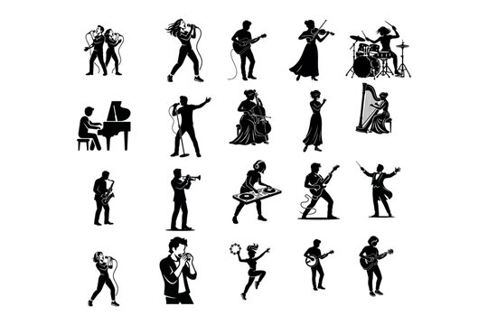set of vector silhouette man or woman pose playing music or singing