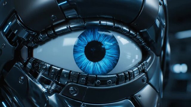 A robotic eye with a blue iris and black mechanical parts surrounding it, giving a futuristic and technological feel to the image