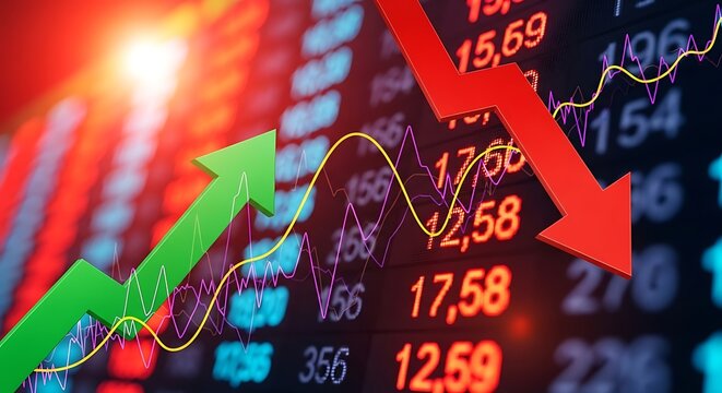 Green arrow up red arrow down over stock market numbers and graphs finance trading growth