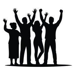 Fototapeta premium Group of four happy people raising their hands in joy silhouette vector illustration isolated.