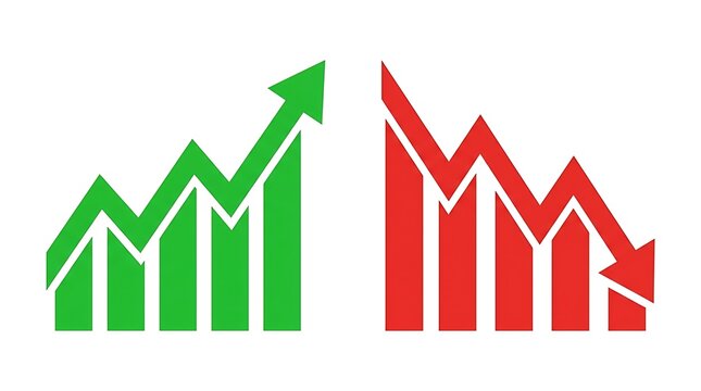 Green upward trend graph and red downward trend graph on white background chart