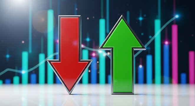 Red arrow down green arrow against colorful bar chart and line graph