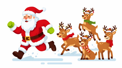 Flat illustration of Santa Claus running with joyful reindeer across a snowy landscape, festive Christmas scene with holiday decorations © Bambang